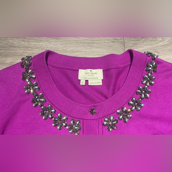 Kate Spade New York 'Leni'Crystal Embellished Jewel Cardigan 3/4 Sleeve Purple S - Picture 9 of 12